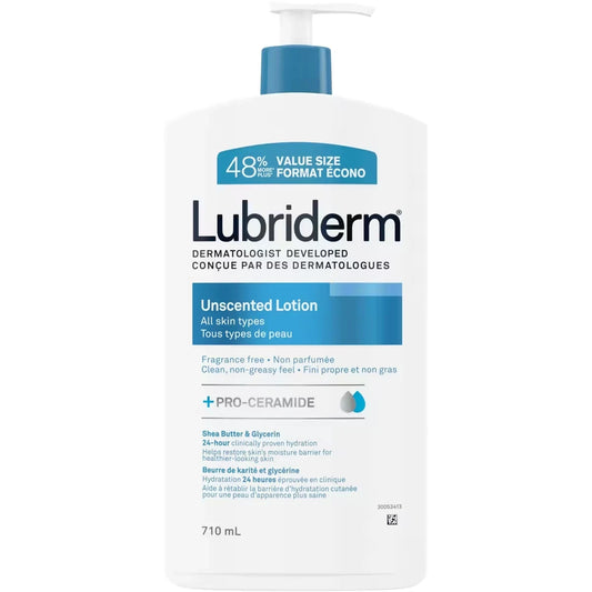 Lubriderm Unscented Lotion, Shea Butter and Glycerin, Dry Skin, Hand, Face Moisturizer, Fragrance Free product package