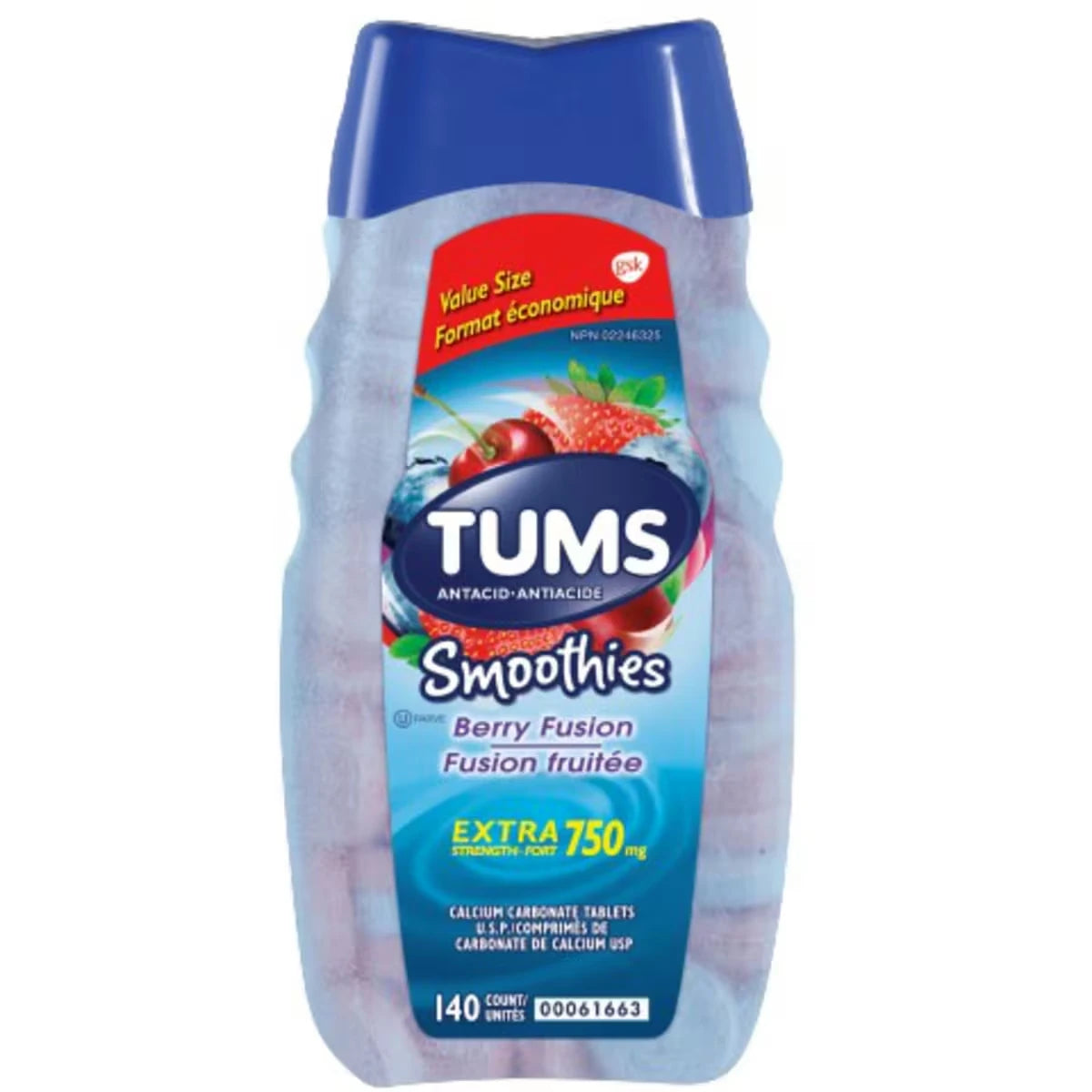 Tums Extra Strength Smoothie Berry Fusion 140 count front package