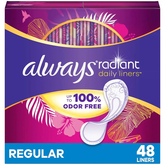 Always Radiant Daily Liners Regular Absorbency Unscented, 48 Count front package