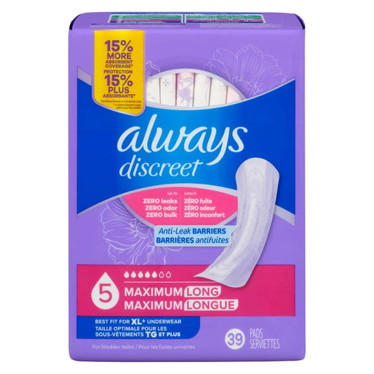 Always Adult Incontinence Pads for Women, Maximum Absorbency, Long Length, Postpartum Pads, 39 CT 39 count front package