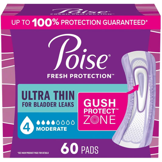 Poise Ultra Thin Incontinence & Postpartum Pads for Bladder Leaks, 4 Drop Moderate Absorbency, Regular Length front package
