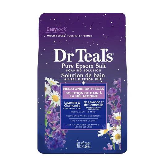 Dr Teal's Pure Epsom Salt Soak, Sleep Blend with Melatonin, Lavender & Chamomile Essential Oils front package