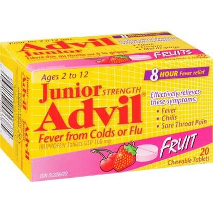 Advil Junior Strength Fever Relief from Colds or Flu Ibuprofen Chewable Tablets, Fruit, 20 Count product detail