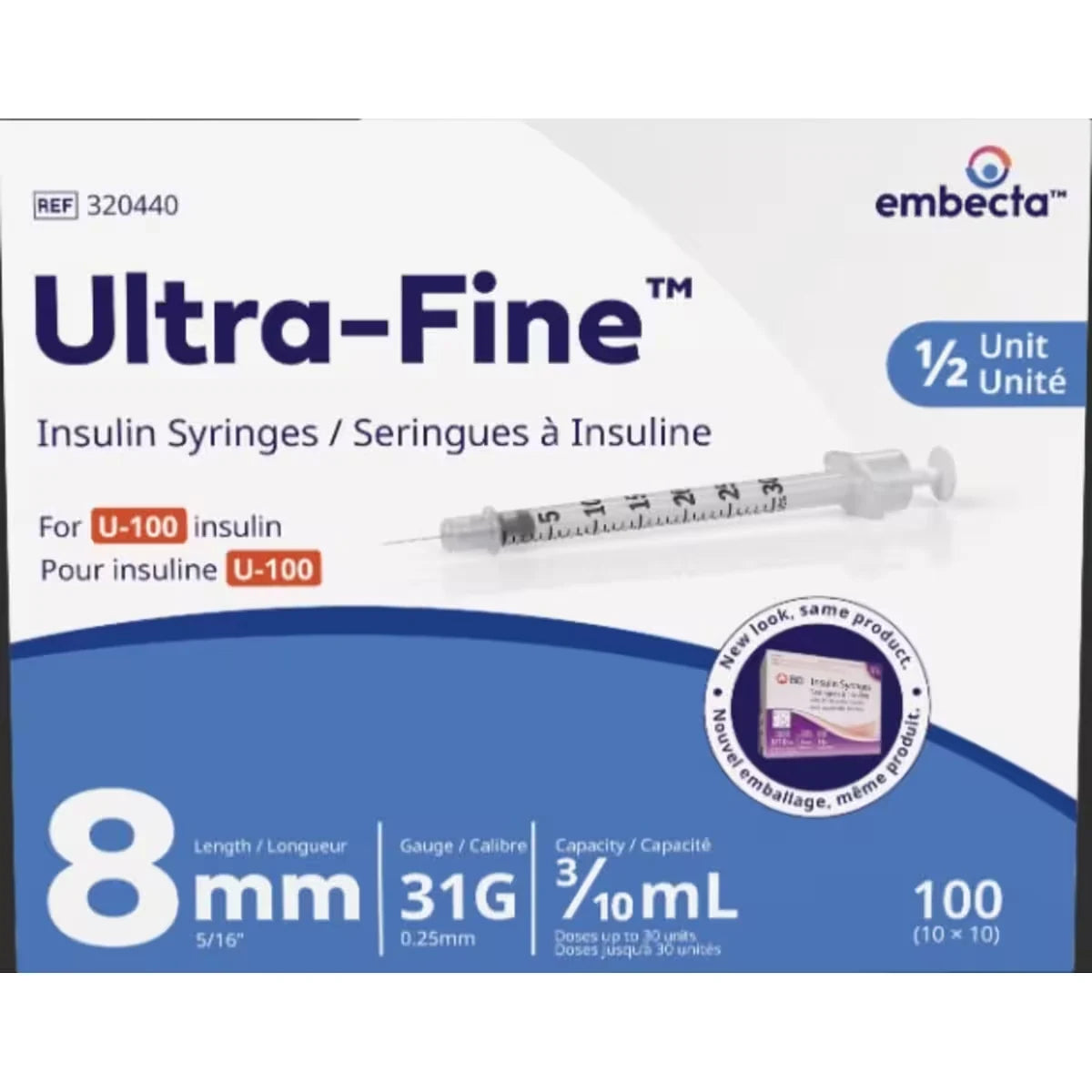 embecta Ultra-FineTM Insulin Syringes U-100 8mm 31G 0.3mL 1⁄2 unit front package