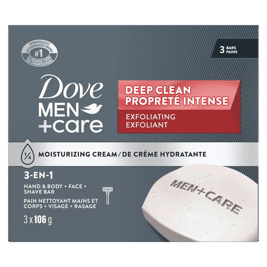 Dove Men+Care Body and Face Bar for healthy and strong skin Deep Clean 1⁄4 moisturizing cream 106 g Pack of 3 front package