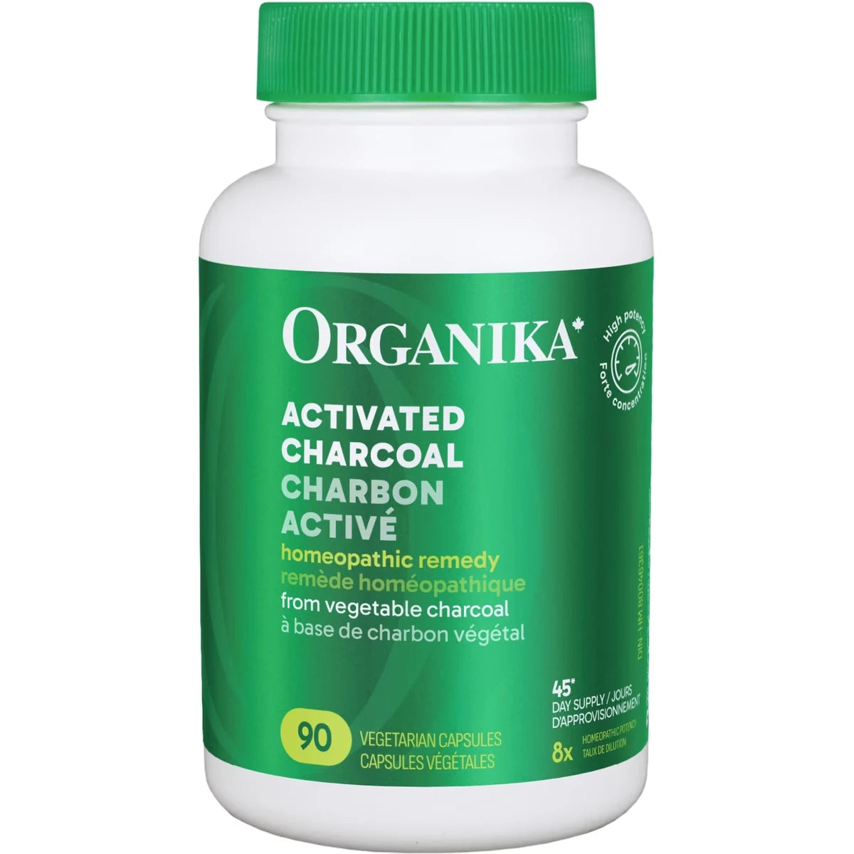 Organika Activated Charcoal Capsules 8X Homeopathic vegetarian capsule 90 capsules front package
