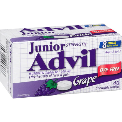 Advil Junior Strength Pain Reliever and Fever Reducer Ibuprofen Chewable Tablets, Dye Free, Grape, 40 Count product detail