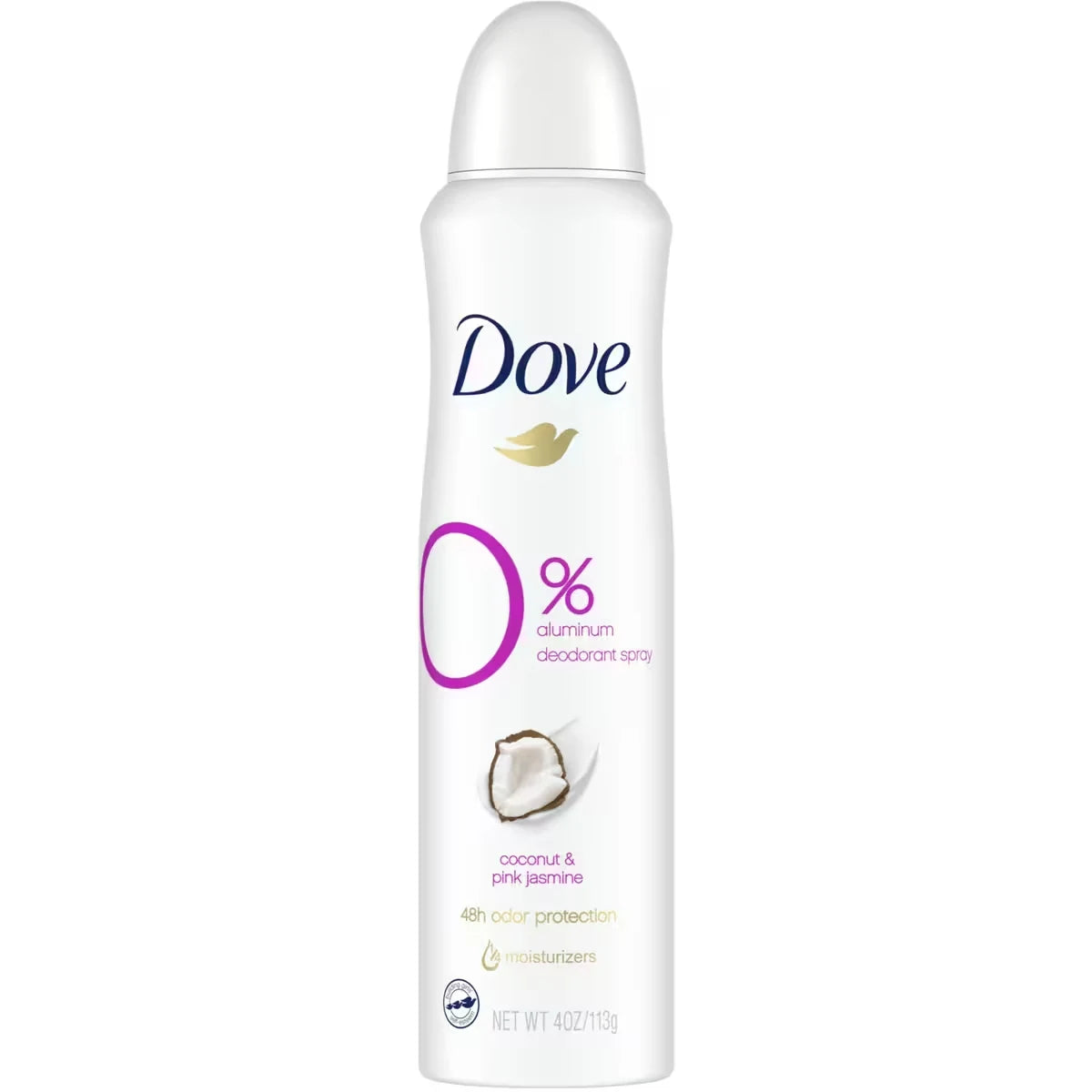 Dove 0% Aluminum Deodorant Spray For 48 Hour Protection Coconut & Pink Jasmine Aluminum Free Women's Deodorant 113 g front package