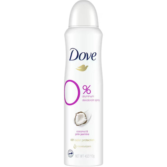 Dove 0% Aluminum Deodorant Spray For 48 Hour Protection Coconut & Pink Jasmine Aluminum Free Women's Deodorant 113 g front package