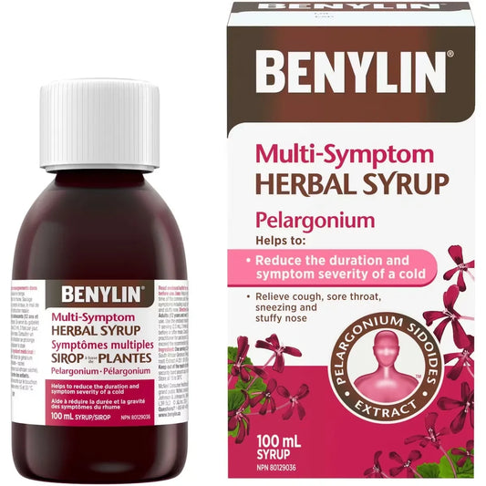 Benylin Multi-Symptom Herbal Syrup, Cough Suppressant, Sore Throat Relief, Common Cold, Pelargonium, Sidoides product package