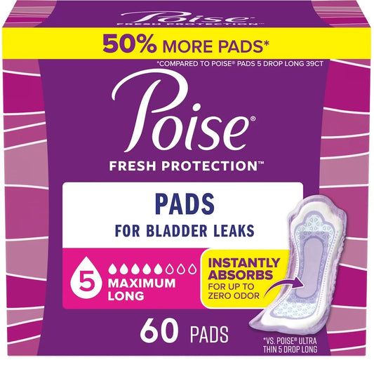 Poise Incontinence Pads & Postpartum Incontinence Pads, 5 Drop Maximum Absorbency, Long Length front package