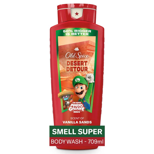 Old Spice Body Wash for Men, Desert Detour, Scent of Vanilla Sands, x The Super Mario Galaxy Movie, 24/7 Shower Fresh front package