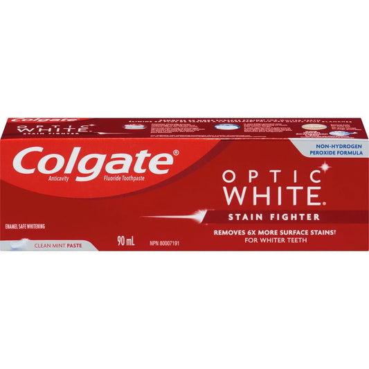 Colgate Optic White Stain Fighter Teeth Whitening Toothpaste, Clean Mint Paste 90 mL front package