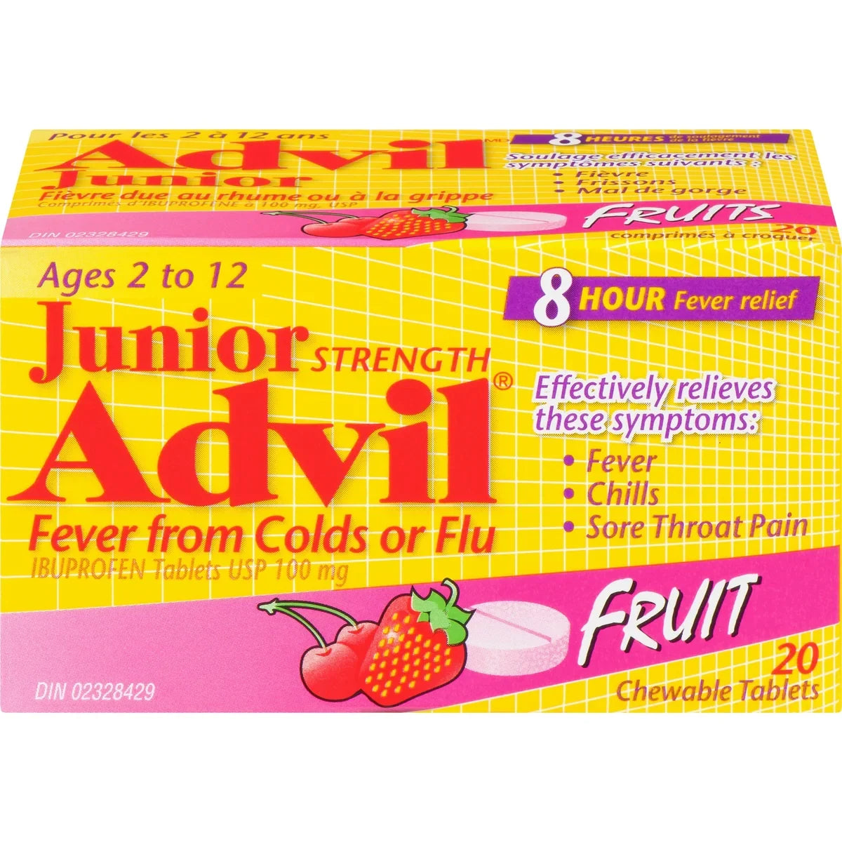 Advil Junior Strength Fever Relief from Colds or Flu Ibuprofen Chewable Tablets, Fruit, 20 Count front package