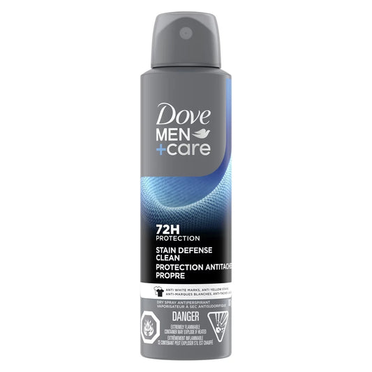 Dove Men+Care Dry Spray Antiperspirant Stain Defense Clean antibacterial odour protection 107g front package