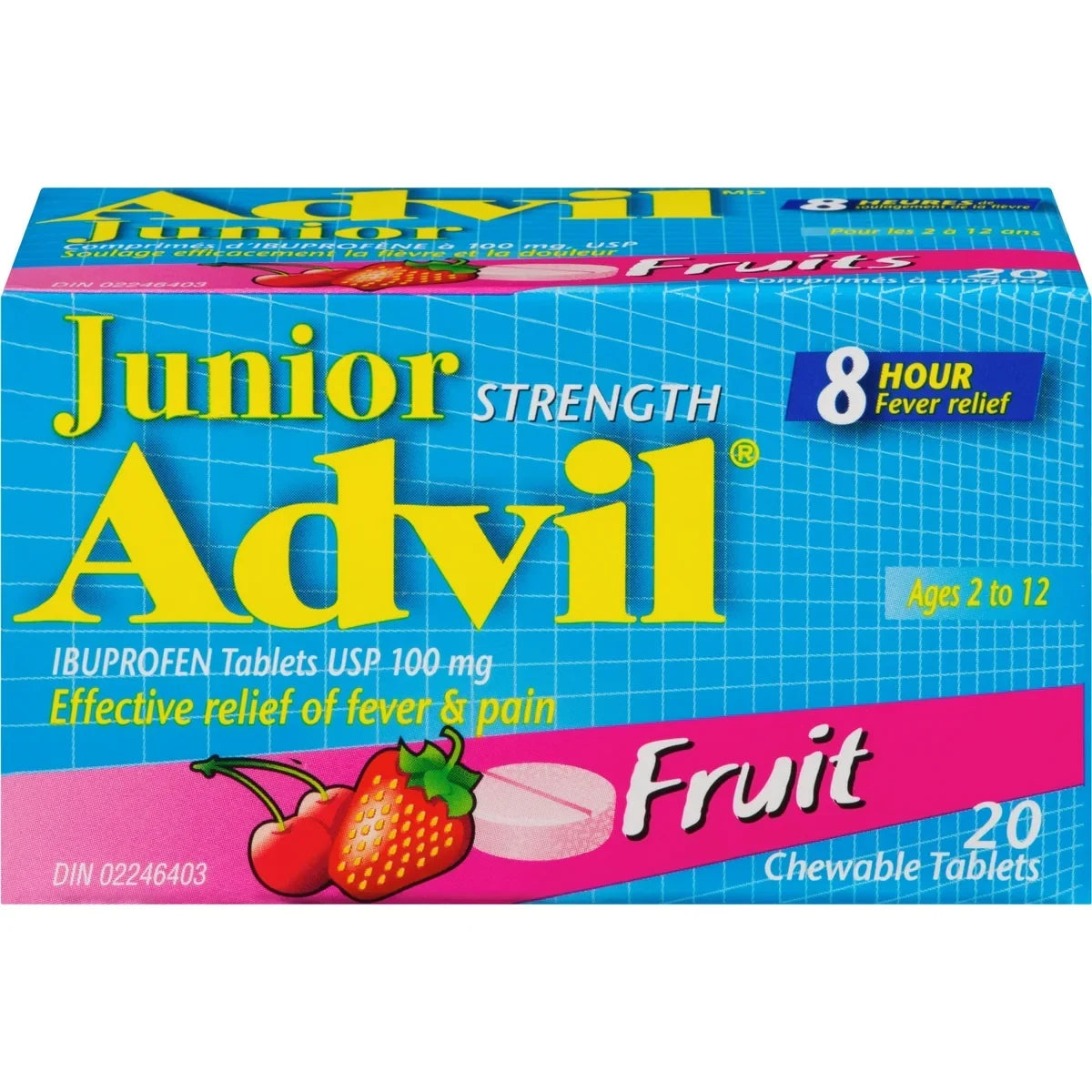 Advil Junior Strength Ibuprofen Chewable Tablets, Fruit, 20 Count product package
