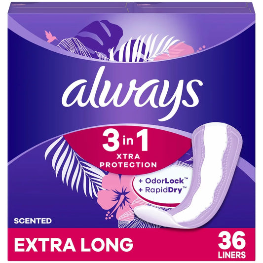 Always 3-in-1 Xtra Protection Daily Liners Extra Long Absorbency, 5x Drier Than Thin, 36 Count front package