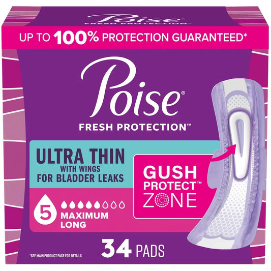 Poise Ultra Thin Incontinence & Postpartum Pads with Wings for Bladder Leaks, 5 Drop Maximum Absorbency, Long Length front package