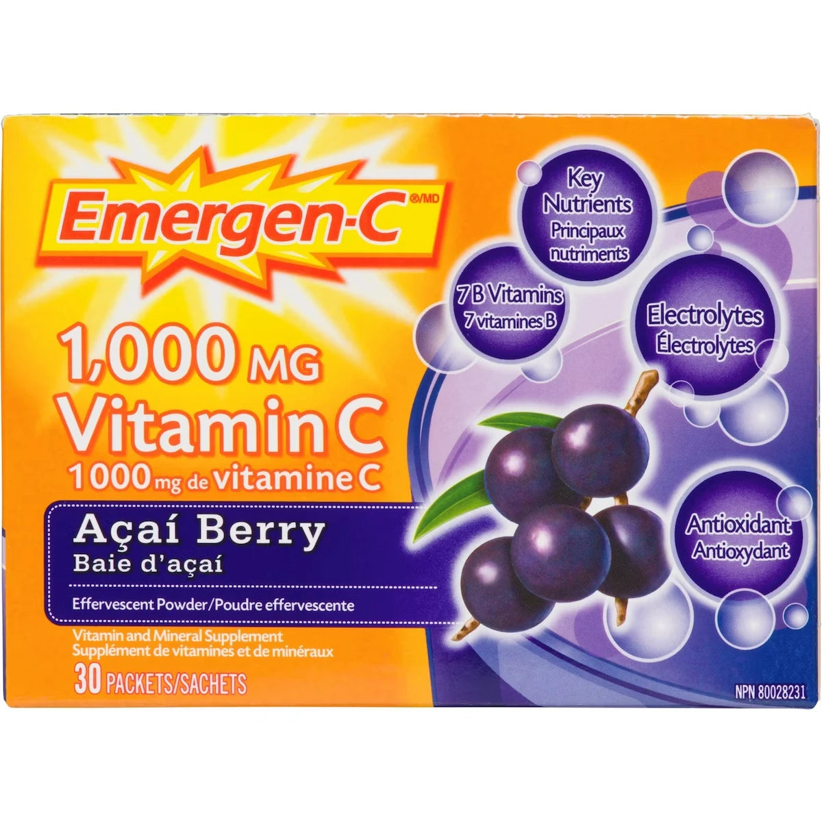 Emergen-C Vitamin C & Mineral Supplement Fizzy Drink Mix, Acai Berry, 30 Packets front package