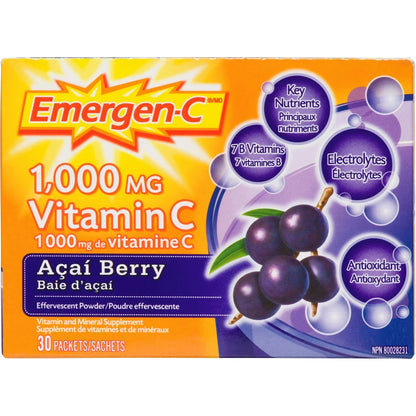 Emergen-C Vitamin C & Mineral Supplement Fizzy Drink Mix, Acai Berry, 30 Packets front package