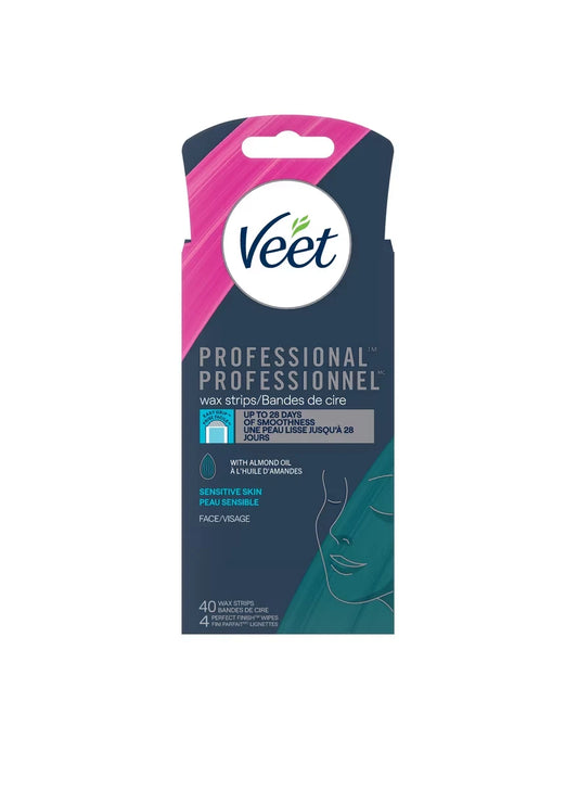 Veet Wax Strips, For Face, Sensitive Skin, With Almond Oil, 40 ct + 4 wipes front package