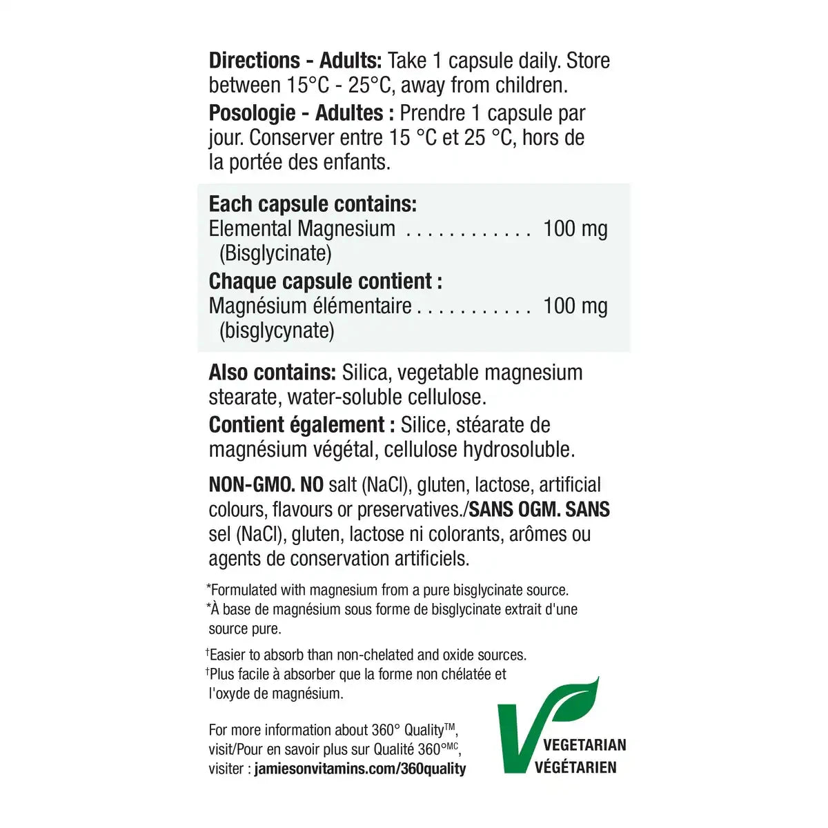 Jamieson 100% Pure Magnesium Bisglycinate 100 mg product detail