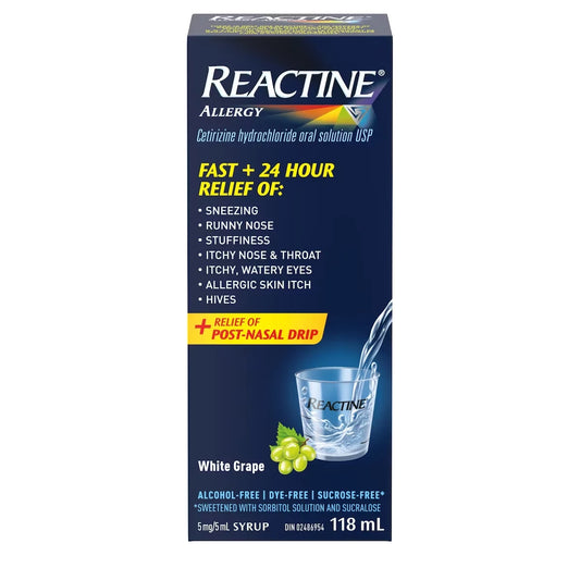 Reactine Allergy Liquid Medicine, with Cetirizine Hydrochloride, White Grape Flavour product package