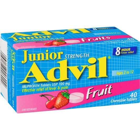 Advil Junior Strength Pain Reliever and Fever Reducer Ibuprofen Chewable Tablets, Fruit, 40 Count product detail