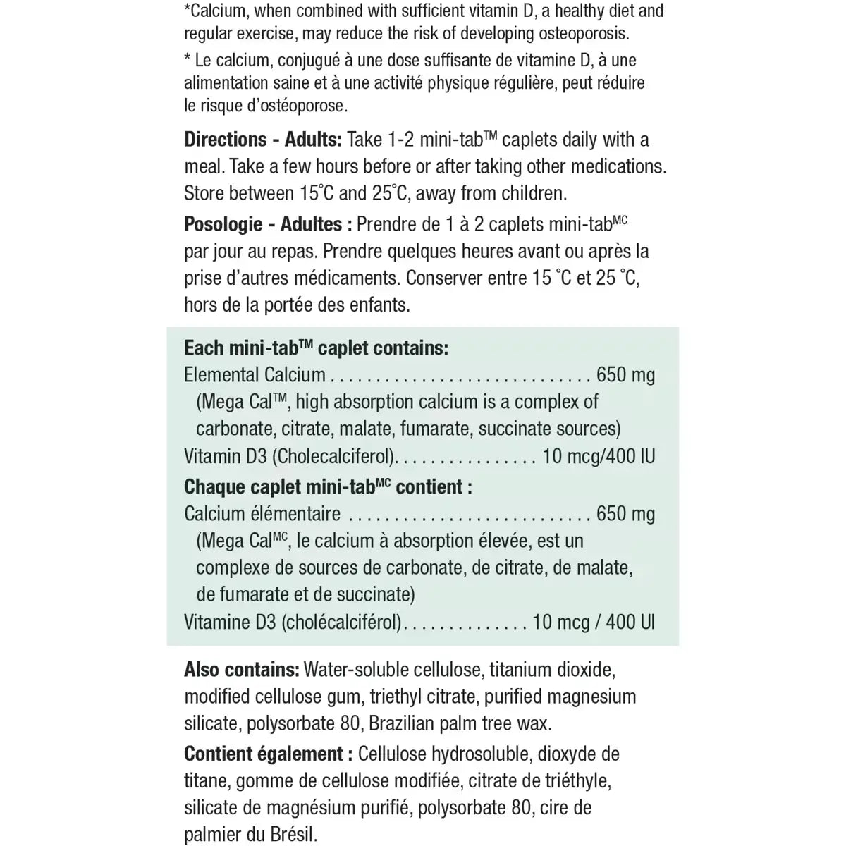 Jamieson Mega Cal Calcium + Vitamin D3 400 IU Caplets, 650 mg product detail