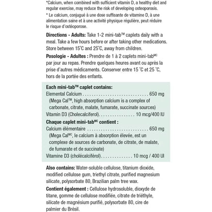 Jamieson Mega Cal Calcium + Vitamin D3 400 IU Caplets, 650 mg product detail