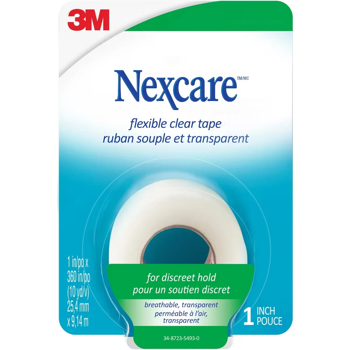 Nexcare Flexible Clear First Aid Tape, 1 in x 10 yds, 1 roll front package