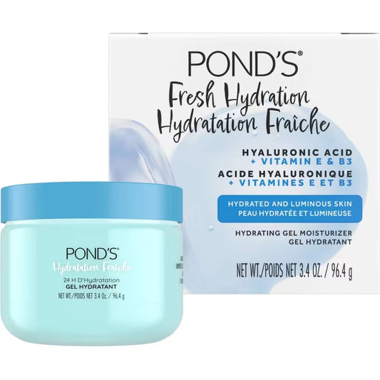 Ponds Hyaluronic Acid, Vitamin E & B3 Gel Face Moisturizer For 24 hour Hydration and Luminous Skin front package