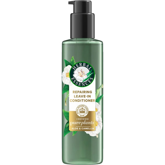 Herbal Essences Repairing Leave-in Conditioner, Certified Pure Plants, with Aloe and Camellia Flower Oil front package