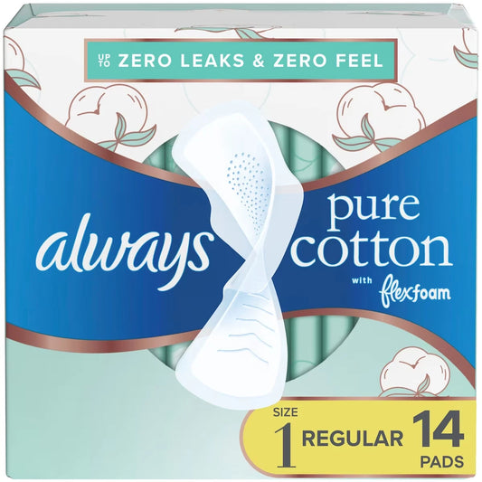 Always Pure Cotton with FlexFoam Pads Size 1, 14 Count front package