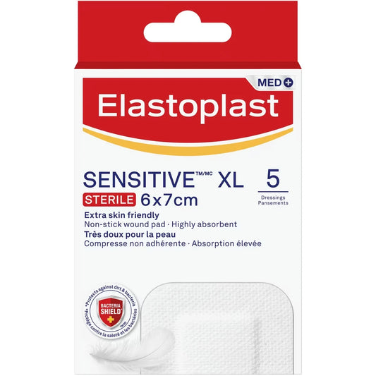 Elastoplast Sensitive XL Dressings | Large Plasters for Post-Operative and Everyday Acute Wounds | Extra Skin Friendly front package