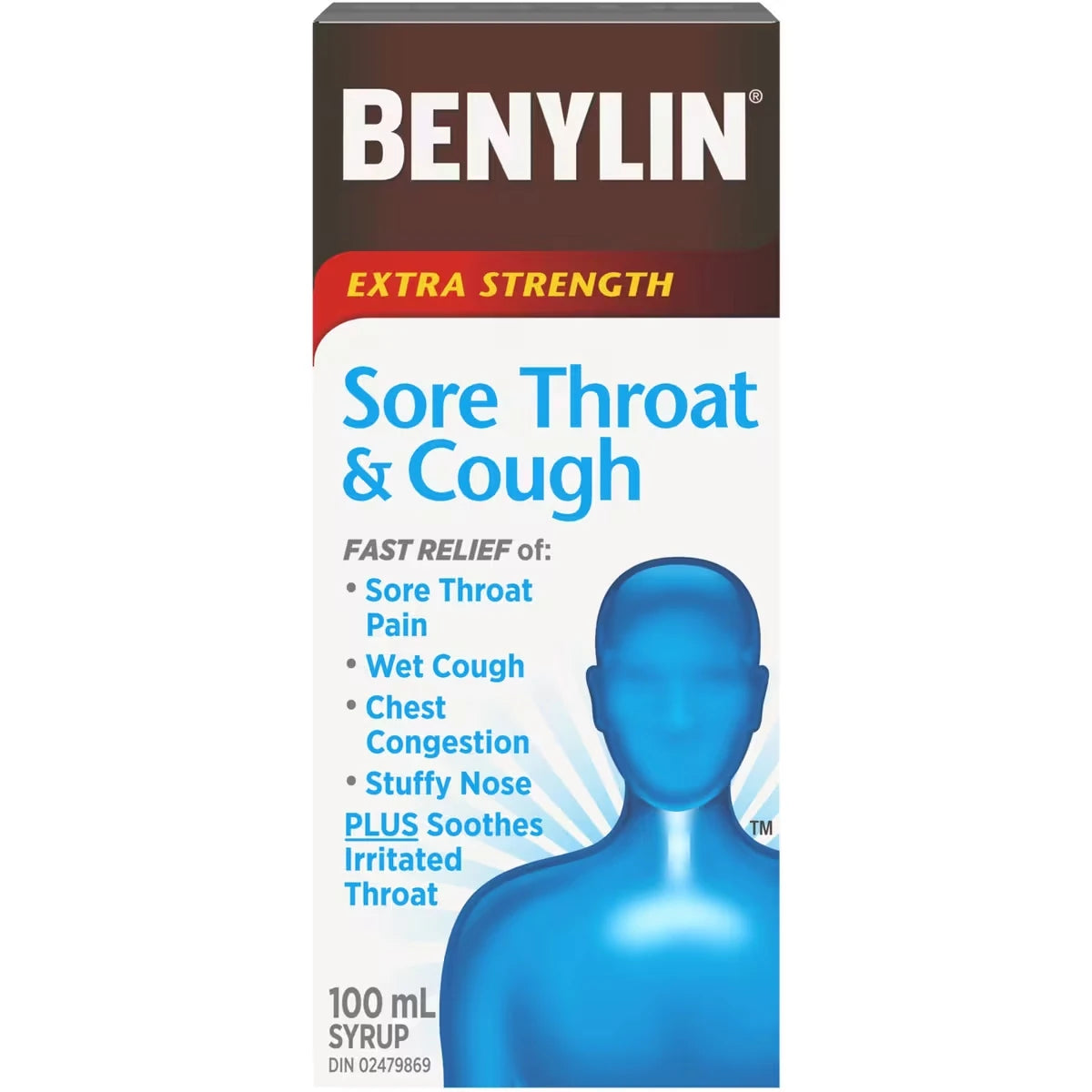 Benylin Extra Strength Sore Throat & Cough Relief Day Syrup front package
