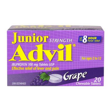 Advil Junior Strength Pain Reliever and Fever Reducer Ibuprofen Chewable Tablets, Grape, 20 Count